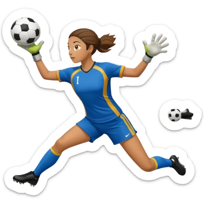 make a girl goalie diving through the air with one soccer ball in her hands sticker