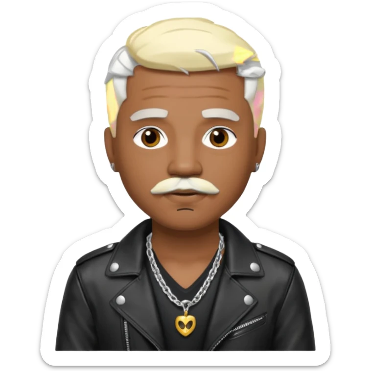 Sisqo, medium dark skin, brown eyes, platinum blonde hair and mustache, black leather jacket with chest and necklace sticker