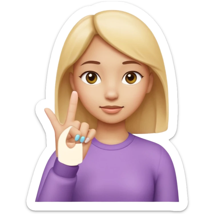 Emoji-style girl (Apple style) making a pinching gesture: thumb and index finger close together showing something is small, other fingers folded, same style as Apple 3D emojis, soft colors, glossy texture sticker