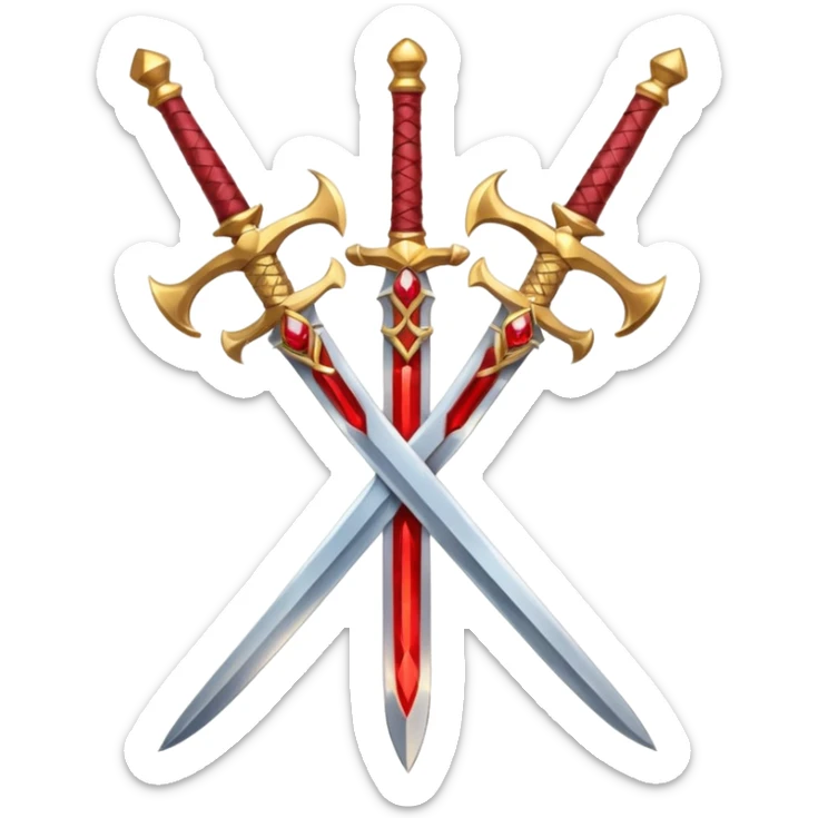 Two crossed swords that are golden in blade and handle and have fiery and royal appearence to them as well as red gem stones sticker