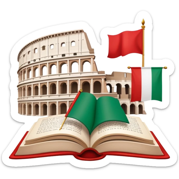 An icon featuring the Colosseum and the flag of Italy, symbolizing the Italian language. The design includes an open book with Italian phrases and a gondola, representing language learning and cultural exploration. Transparent background sticker