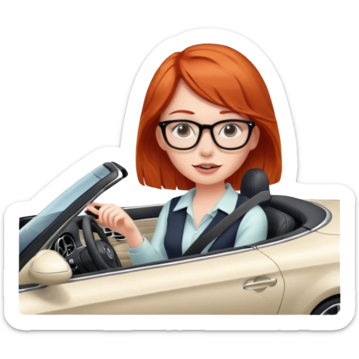 Red head girl with glasses driving fast in a Mercedes convertible sticker