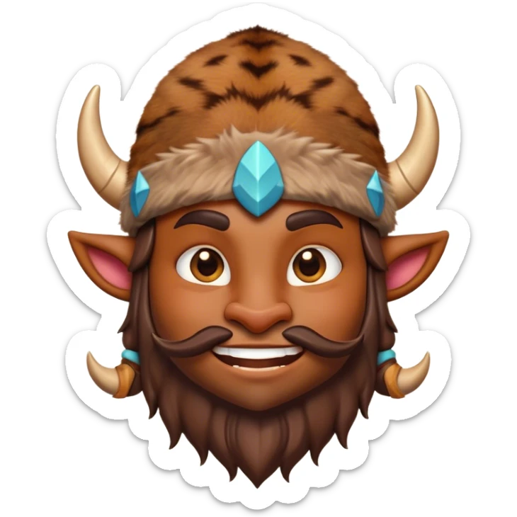 Cinematic Playful Barbarian Portrait Emoji, Head tilted with a cheeky grin and lively eyes, featuring a compact, stylized build in patchwork furs and a whimsical horned cap, Simplified yet irresistibly charming features, highly detailed, glowing with a warm, inviting glow, high shine, energetic and endearing, stylized with a touch of whimsical medieval mischief, soft glowing outline, capturing the essence of a playful barbarian that exudes friendly bravery! sticker