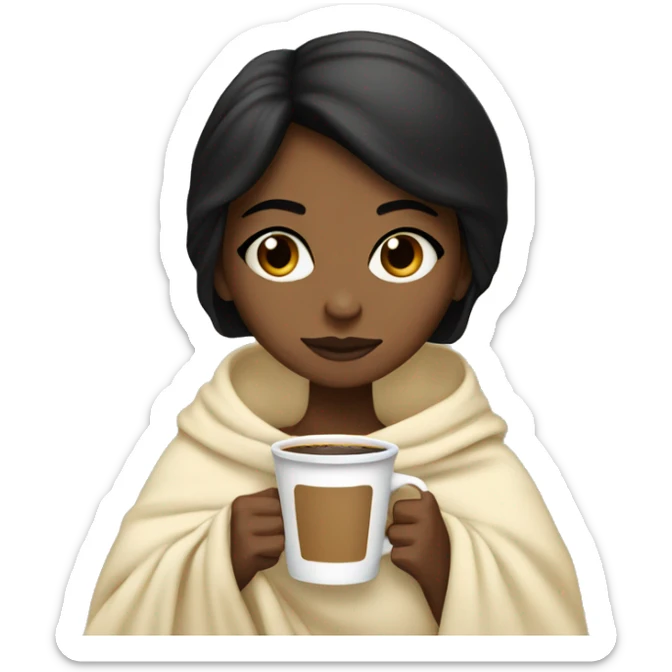 Brownskin girl with black hair and dark brown eyes wrapped in a cream colored blanket sipping coffee sticker