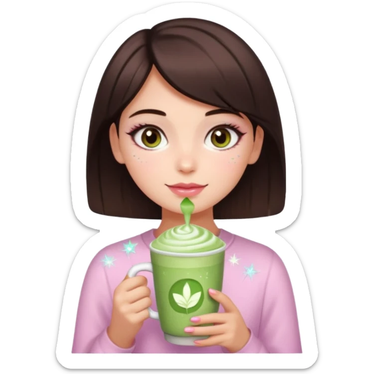 square framed profile picture of a girl with short dark brown hair and brown eyes, holding a matcha latte, with sparkles, skincare, and makeup elements, in pink soft girl aesthetics, apple emoji style sticker