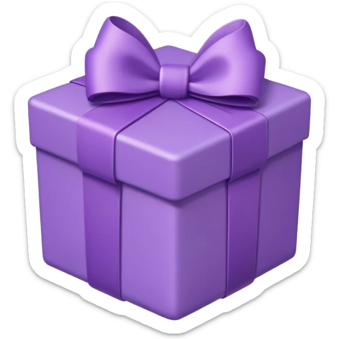A cute emoji-style illustration of a purple gift box with a ribbon, pastel purple tones, rounded shape, kawaii style, simple clean lines, soft shading, minimal details, centered composition, transparent background sticker