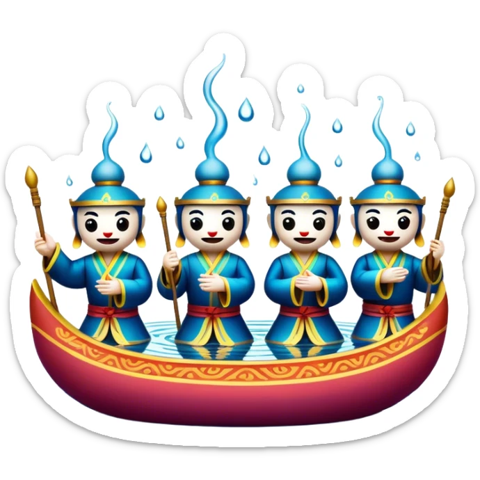 Cinematic Realistic Water Puppetry Emoji, depicted as a whimsical scene of traditional water puppets performing on a reflective water stage, rendered with vivid textures and dynamic playful lighting that captures its enchanting charm. sticker