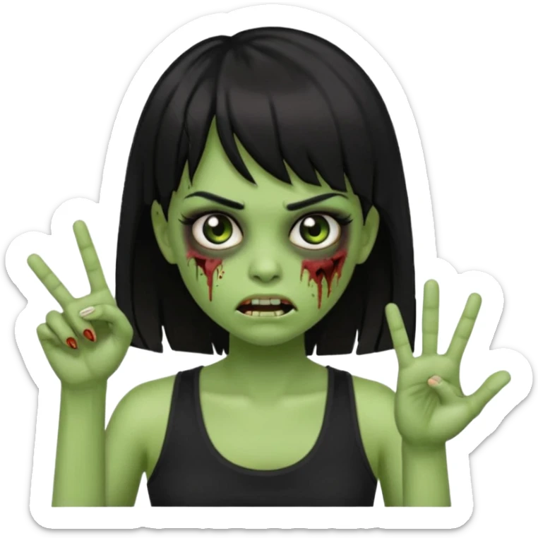 Crie um emoji de zumbi garota do iphone, que tenha o cabelo preto longo, pele levemente esverdeada, de cumprimento no peito, que tenha uma franja no tamanho da sobrancelha, com os olhos escuros e que use uma regata preta sticker