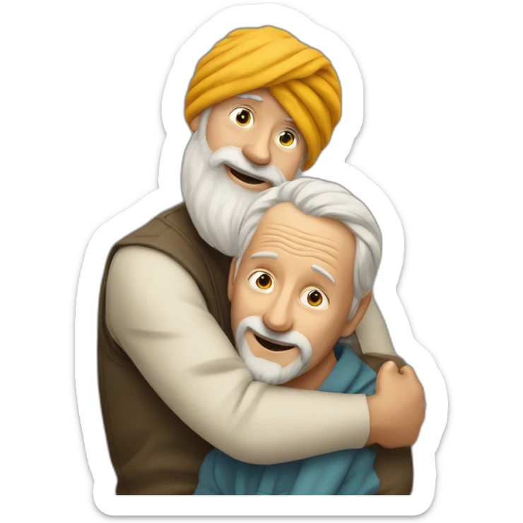 Turban older Man from africa hugs taller blond beard European man sticker