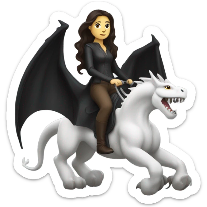Beautiful white woman with long wavy dark brown hair riding on top of a black dragon sticker