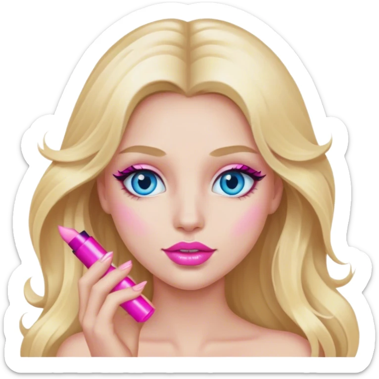 Cinematic realistic blonde with long hair, blue eyes and pink lips with mascara in her hands sticker