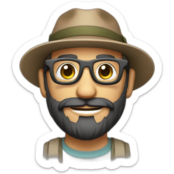 happy smile gardener face long dark beard and bald dark hair round glasses brown eyes and a hat sticker