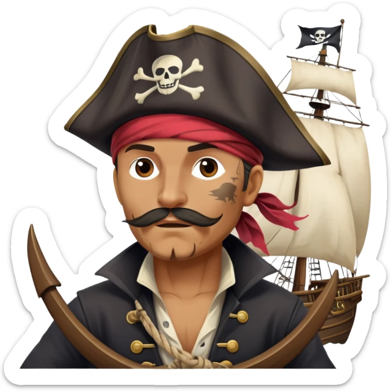 clash-of-clans-aesthetic_-cinematic-focused-pirate-bust-portrait-emoji, head slightly tilted with a determined, roguish expression and bold features, featuring a compact, spirited build with a jaunty hat and quirky bandana on tan skin, at the helm of a grand sailing ship complete with billowing sails and a tattered Jolly Roger flag fluttering dynamically in a tempestuous sea breeze. sticker