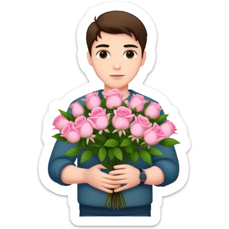 A cool bad boy with fair skin holding a bouquet of pink jasmine roses sticker
