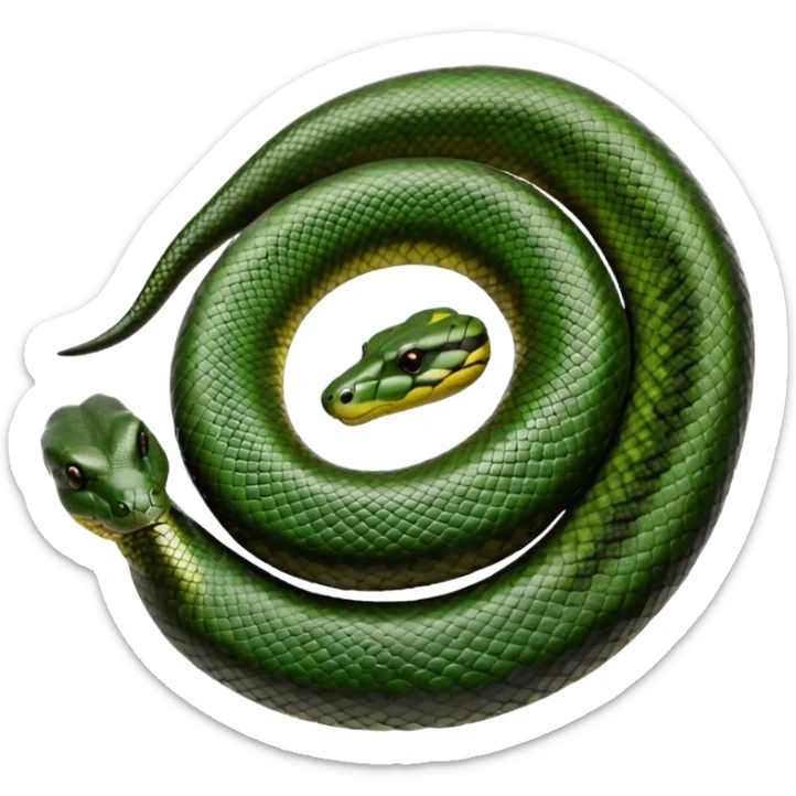 A photo-realistic top-down view of a Green Anaconda tightly coiled in a spiral, with its broad, flat head resting at the center. Its thick, muscular body is olive-green and covered in symmetrical, bold black oval spots that stand out against its smooth scales, creating striking natural camouflage. sticker