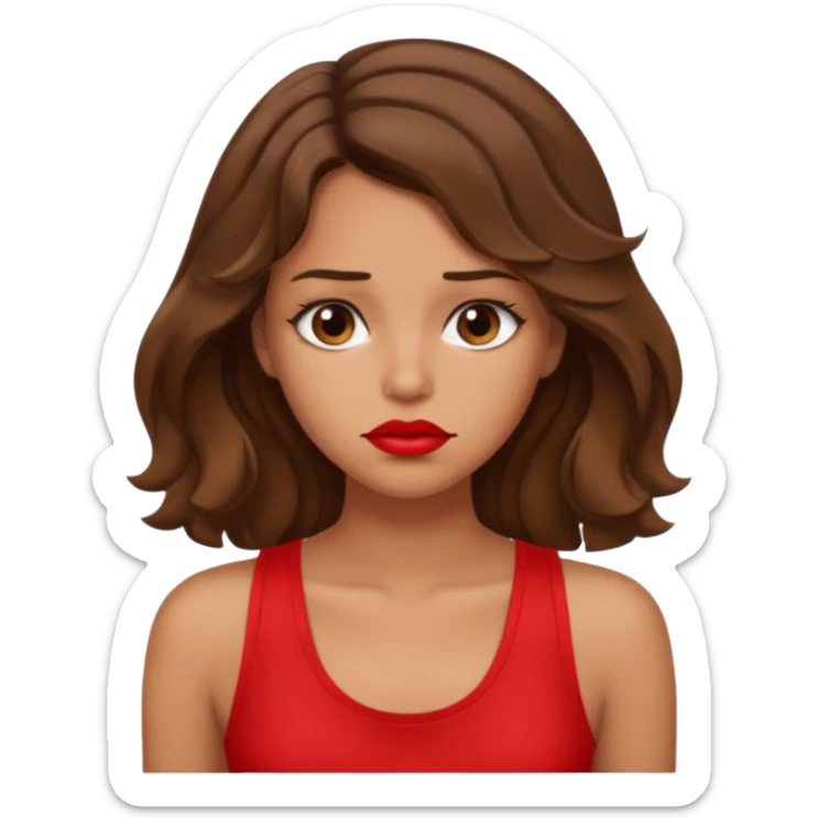 generate a pretty tan bratz girl with brown wavy hair long wearing a red tank top, red lipstick. Looking sad sticker