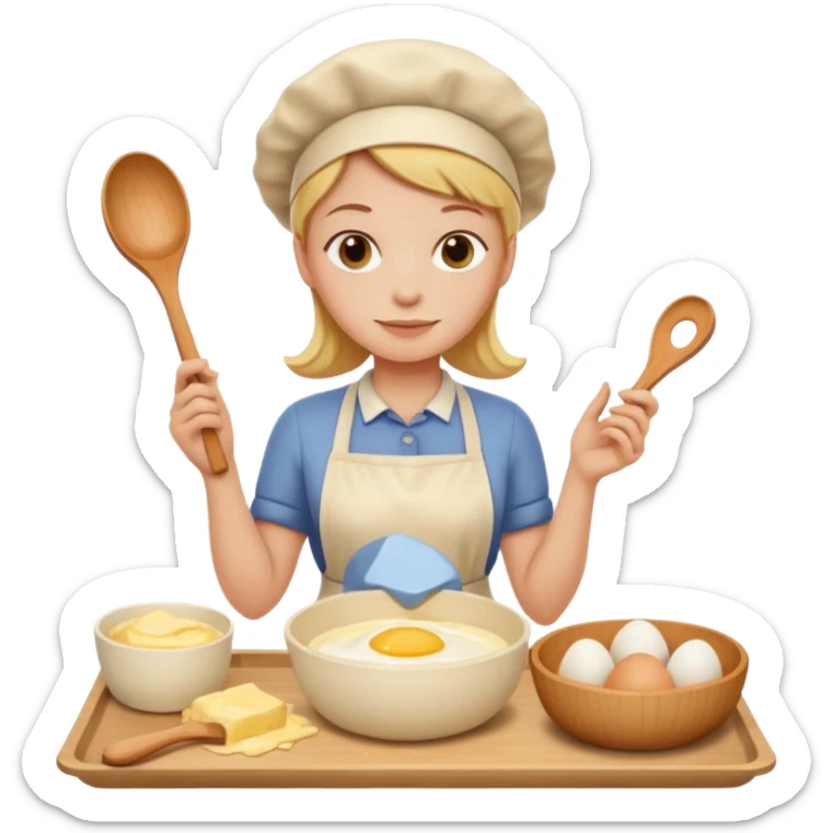 A carton of eggs, butter and a cream ceramic baking bowl with a wooden spoon in it sticker