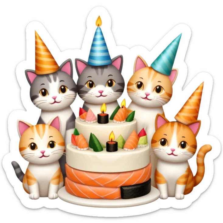 six happy cats wearing party hats celebrating a birthday party around a large cake made entirely of sushi with a candle on top sticker