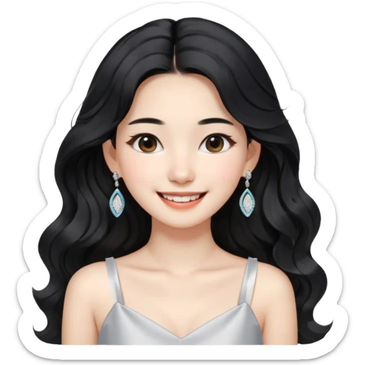 Korean 24-year-old female online shopping mall seller / white face / earrings / smiling expression / long wavy hair / influencer vibe / fashionable / black hair / silver earrings / white dress sticker