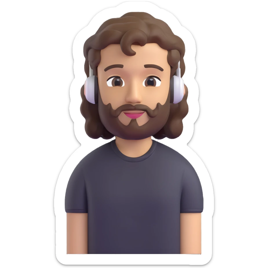 light skin man with a faded beard, wavy hair, and a mullet, wearing a t-shirt and AirPods, 3D emoji style sticker