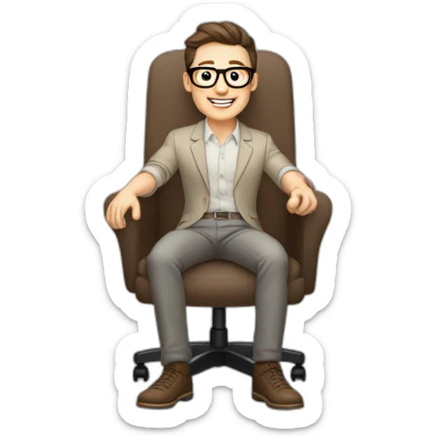 Joyful Celebrating victory Pale skinned Fit Man With dark brown hair in gray jacket, beige office shirt, Brown pants and vintage glasses sitting In a soft chair sticker