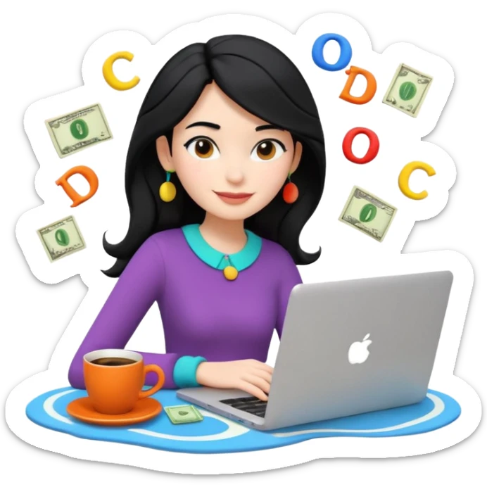 3D clay woman character relaxed with laptop and coffee in Paris, floating icons (dollars), colofrful modern outfit, white laptop, Pixar style, transparent background, black hair, fair skin,  sticker