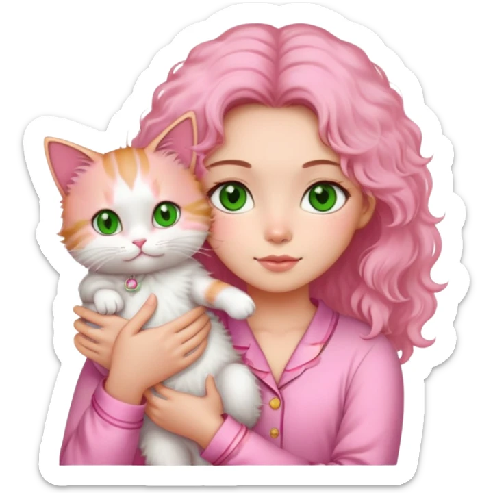 A girl with green eyes and highlighted fluffy hair in pink pajamas holds a Thai cat sticker
