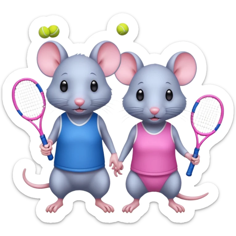 Male and female rat playing tennis one wearing blue the other wearing pink and the pink to be half the size of the blue sticker