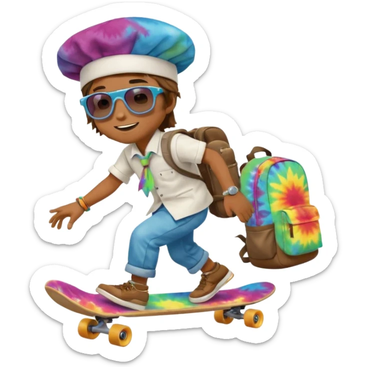 ["A happy boy with brown skin, straight hair, wearing a chef hat and sunglasses, dressed in hippie fashion, is skateboarding while holding a backpack."] sticker