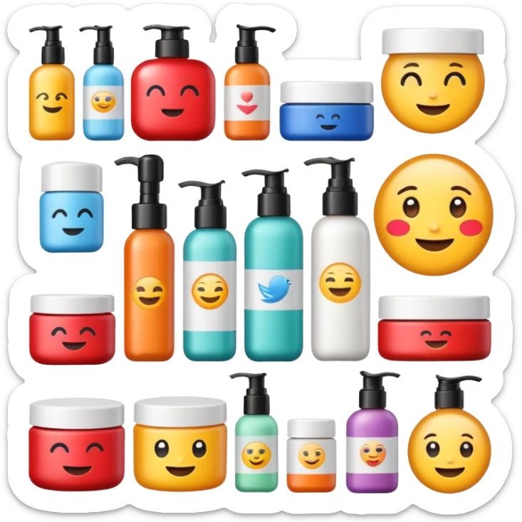 emoji of beauty products with brand labels sticker