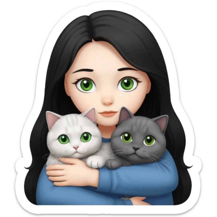 Black long hair, white skin, black eyes, pretty girl is hugging a gray Scottish fold green-eyed cat white blue-eyed cat

 sticker