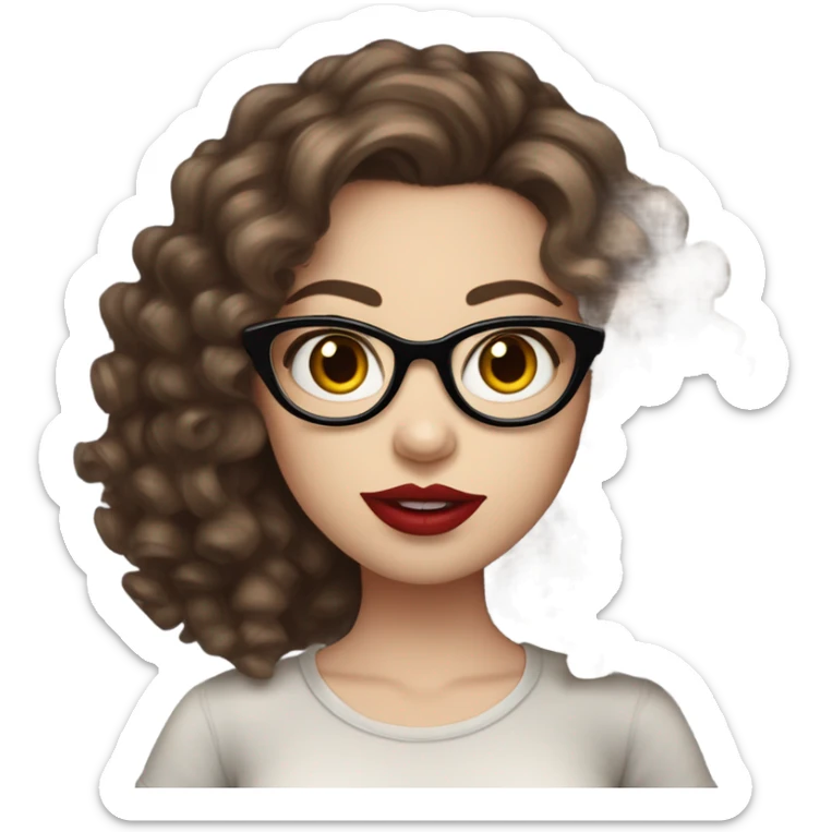 girl, dark brown hair, big lashes, big red lips, curly hair, glasses, hazelbrown eyes, pale skin, red lips, long hair, holding starbusk sticker