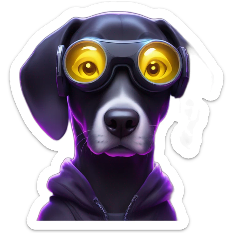 funny dog wearing a black hoodie with "OMG" letters on it and VR headset in a cyberpunk VR environment with violet neon lighting. sticker
