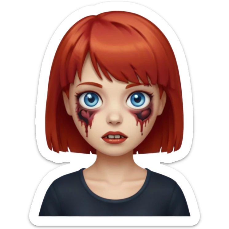 Zombie girl emoji with short red hair and bangs. Blue eyes, fair skin, and a black top. sticker