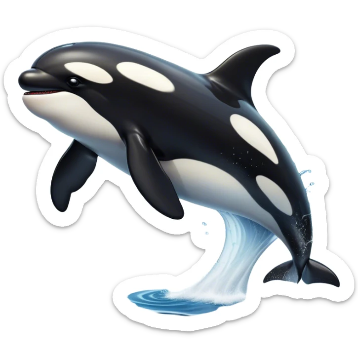 Meme-Worthy Breaching orca Portrait Emoji, Bursting powerfully out of the ocean with an impressive, high-energy leap, showcasing a sleek black-and-white body glistening with water droplets and dynamic, arched posture, Simplified yet exhilaratingly expressive features, highly detailed, glowing with a vibrant marine energy, high shine, bold and full of life, stylized with an air of untamed ocean spirit, soft glowing outline, capturing the essence of an orca mid-breach, radiating pure, unstoppable aquatic power! sticker