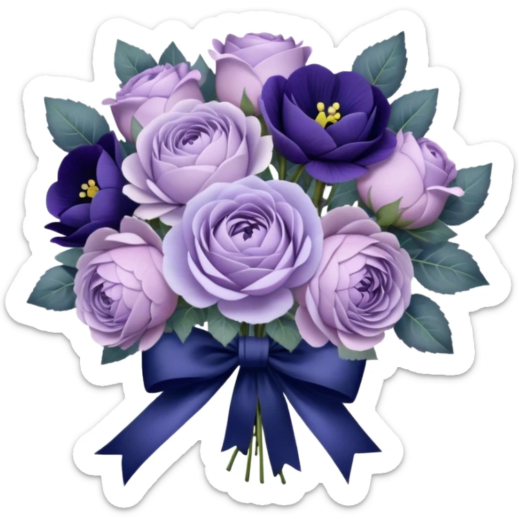 A hand-tied bouquet of soft lilac roses, pale violet peonies, and deep indigo pansies, bound with layers of vintage lace and a faded purple silk bow, rests upon a carved wooden vanity, beside an antique silver heart-shaped mirror reflecting the timeless beauty of love’s gentle touch. sticker