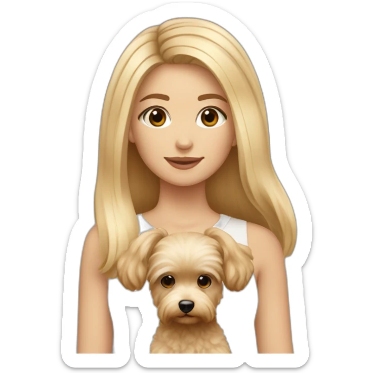 Blonde long straight hair girl brown eyes with maltipoo beige sticker