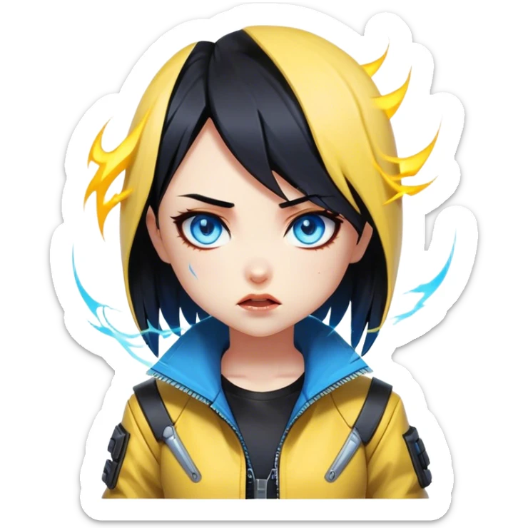 Black hair cyberpunk 2077 chibi girl with blazing blue eyes and yellow jacket from the animation show cyberpunk edge runners. All emotion reactions sticker