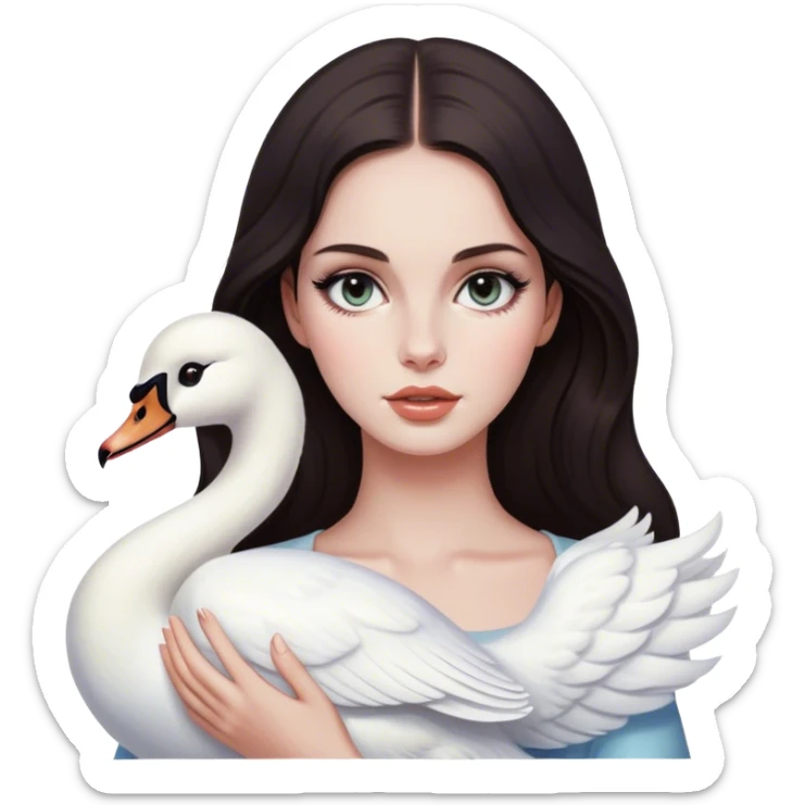 Girl who looks like Lana del Rey with dark hair and cat eyes holding a swan sticker
