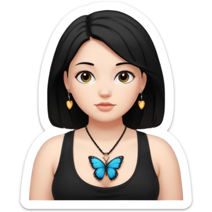 A thick girl in white skin, black middle length hair wearing a black tank top and small butterfly pendant necklace. sticker