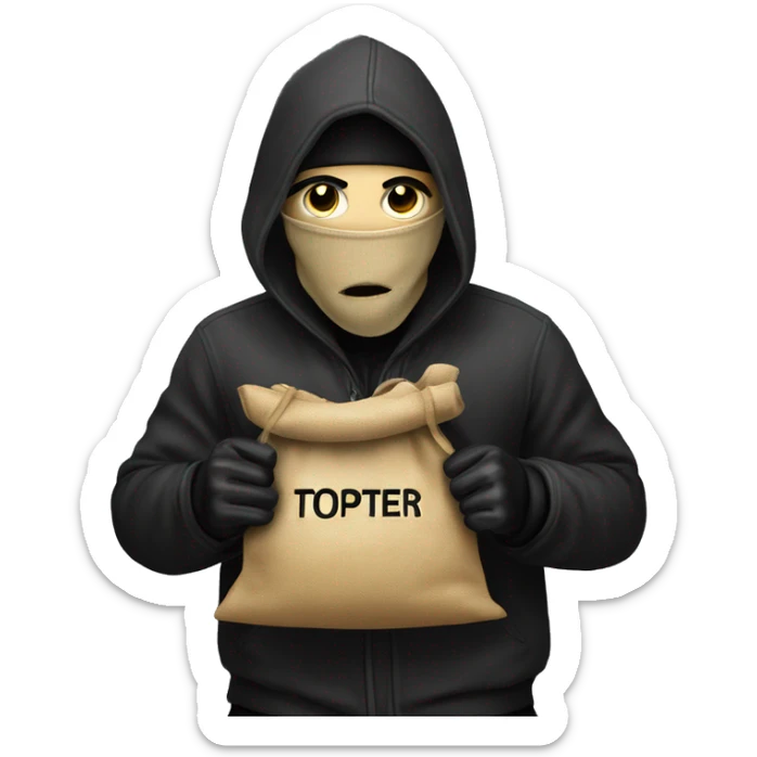 Thief stealing a bag of money that has the word Toptier embroidered on it sticker