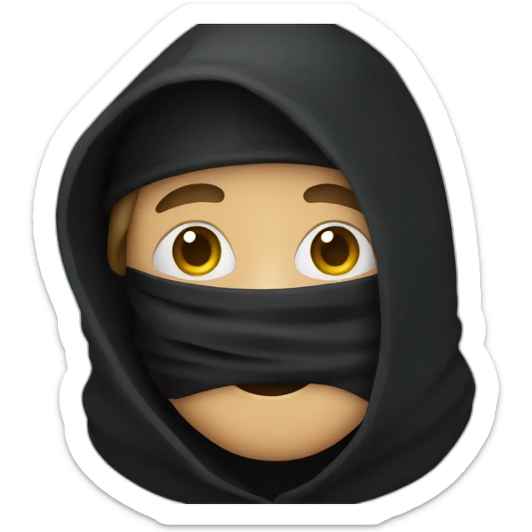 A person wearing a black hood, wearing a hat, and wearing a black mask sticker
