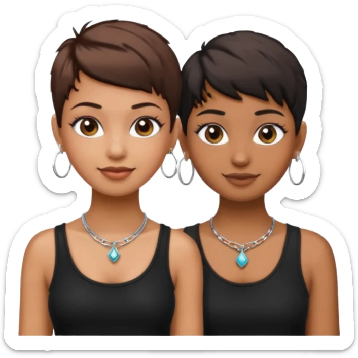 Do two best friend emojis one brown skin one fair skin with pixie cuts with hoop earrings and necklace wearing black and lashes sticker