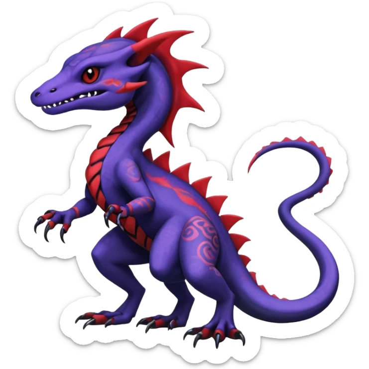 Rare warm-colored exotic gloomy tropical edgy cute epic aesthetic spooky indigo purple white black red gothic colorful Salandit-charmeleon-sergal-species-Fakemon-hybrid-creature, with tribal tattoo markings, full body sticker