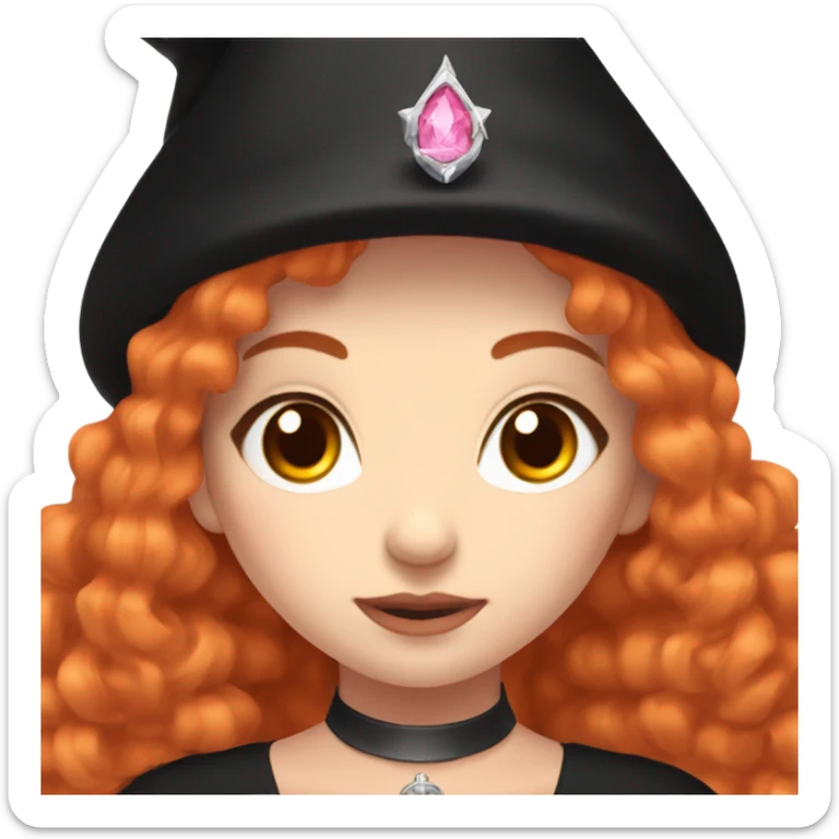 pale young witch wearing a low cut black dress, a pink crystal necklace, and a witch hat, with red hair (Orange) and bright brown eyes, making prayer hand sticker