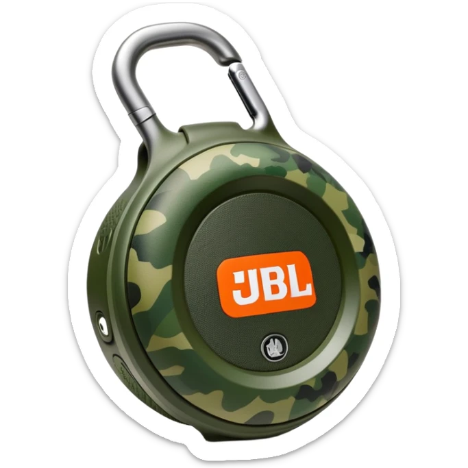 Simple JBL Clip 4 speaker with round body, built-in carabiner, green camo pattern, and JBL logo on front, iOS emoji style sticker
