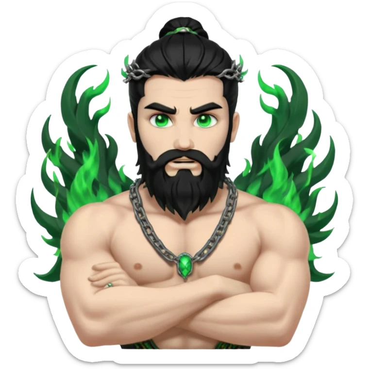hades greek god with green flames and beard with chains on his arms and neck, Long hair. Dynamic pose sticker