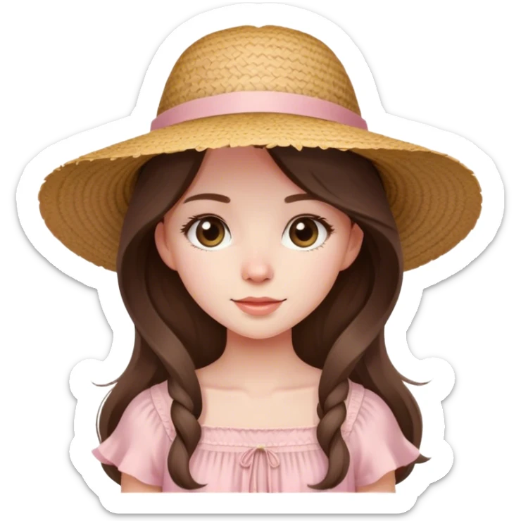 beautiful pale brunette girl with long hair in a light pink summer dress and straw hat sticker