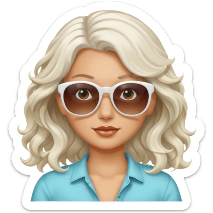 Woman, white girl, tanned skin, White hair, wavy hair, sunglasses, sticker