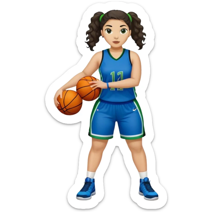 full body plus size light skin latino women basketball player with wavy dark hair in pony tail wide nose wearing blue uniform with green accent sticker